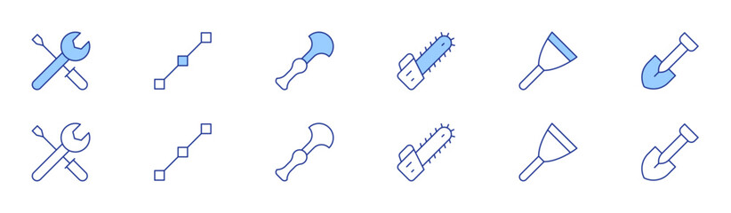 Tools icon set in two styles, Duotone and Thin Line style. Editable stroke. chainsaw, putty knife, shovel, easy installation, line, leather tools