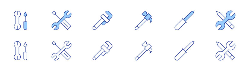 Tools icon set in two styles, Duotone and Thin Line style. Editable stroke. hammer, awl, tool, tools, wrench