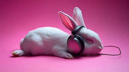 White bunny rabbit sleeping with headphones on pink background.