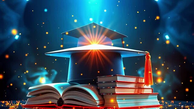 Graduation cap glowing brightly above a stack of books, symbolizing academic achievement and celebration