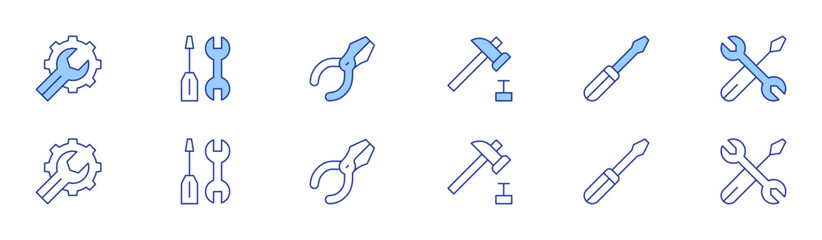 Tools icon set in two styles, Duotone and Thin Line style. Editable stroke. settings, hammer, repair tools, screwdriver, pliers, tool