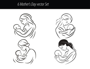 Elegant Mother's Day Vector Set – Loving Mom and Baby Line Art Illustrations.