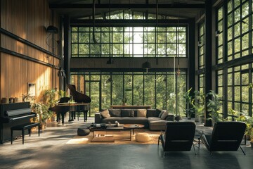 Sunlit industrial loft living room with piano, sectional sofa, and plants.