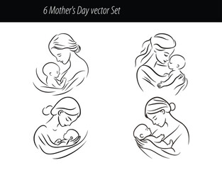 Obraz premium Elegant Mother's Day Vector Set – Loving Mom and Baby Line Art Illustrations.