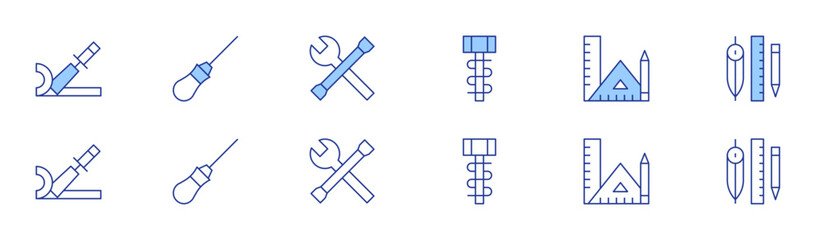 Tools icon set in two styles, Duotone and Thin Line style. Editable stroke. wood, hammer, sewing tool, tools, design tools, edit tools