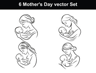Elegant Mother's Day Vector Set – Loving Mom and Baby Line Art Illustrations.
