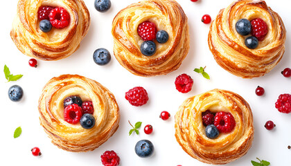 tasty puff pastries with berries, isolated on white, top view