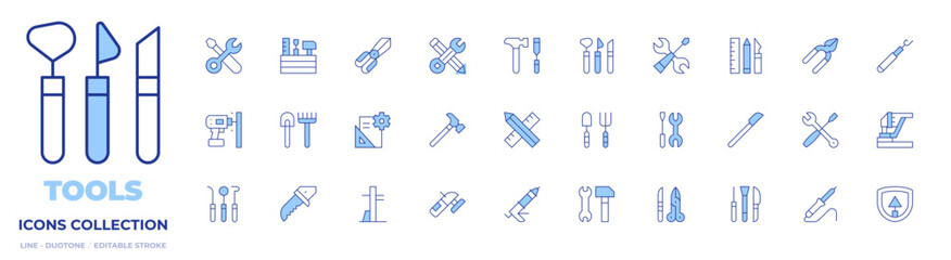 Tools icons collection. Line Duotone style, editable stroke. shovel, grinder, glue gun, knife, hammer, toolkit, construction and tools, tools and utensils