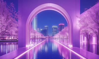 At night, in an indoor space with no lights on, an elegant and modern arched high-end window is open, showing a view of the vacuous city skyline in the evening, the city, and sakura blossom trees