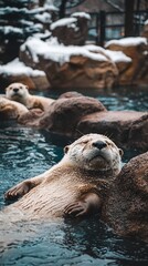 Obraz premium Relaxed otter floats in icy water among rocks.