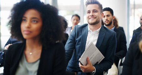Smile, listening and seminar with business man at conference for speech, convention and workshop....