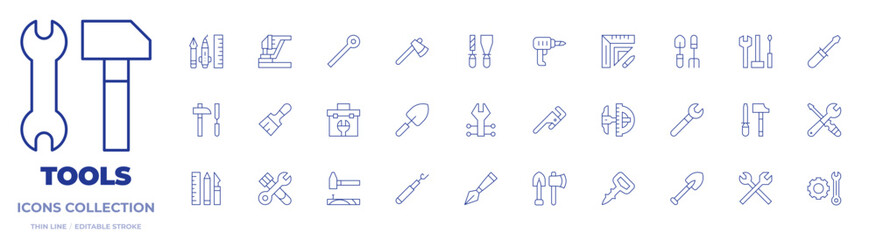 Tools icons collection. Thin Line icons, editable stroke. wrench, screw, toolbox, measurement, nail, set square, axe, trowel, shovel, tool, gardening tools
