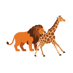 Fototapeta premium Lion and Giraffe Walking Together in a Flat Minimal Vector Art Style