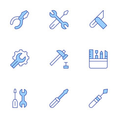 Tools icons set. Line Duotone style, editable stroke. settings, hammer, sliding, tools, dentist tools, repair tools, screwdriver, pliers, tool