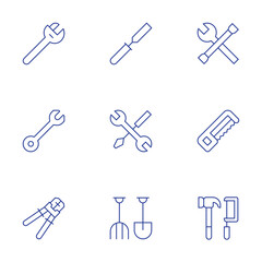 Tools icons set. Thin Line style, editable stroke. chisel, crimpers, handsaw, tools, farming tools, wrench