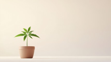 Cannabis seedling growing in a small pot, fresh