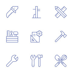 Tools icons set. Thin Line style, editable stroke. knife, toolkit, tools, tools and utensils, sketch, hammer, whisk