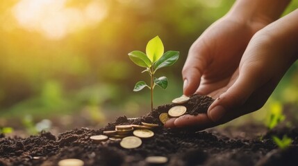 Hands planting trees grows on a pile of coins concept of profit saving for the future of investment and business growth for financial prosperity and sustainable development.