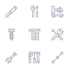 Tools icons set. Thin Line style, editable stroke. spatula, hammer, tool, tools, construction tools, saw machine, easy installation, line