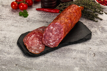 Italian pork Salchichon sausage with slices