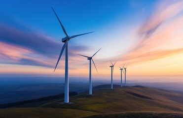 Obraz premium Wind Turbines on Rolling Hills at Sunset with Blue and Orange Sky. Clean Technology and Sustainable Energy