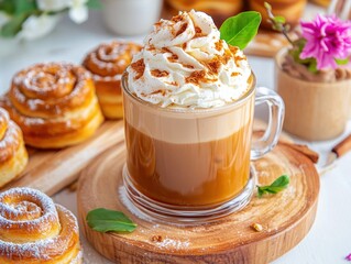 A delicious dessert scene featuring a creamy coffee topped with whipped cream and surrounded by cinnamon rolls and a flower in a pot.