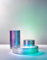  Minimal display concept. Irridescent empty podiums on neutral background. Generated image