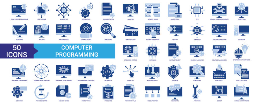 Computer Programing icon collection set. Containing performing, cpu, computing, integration, testing, analysis, generating, algorithms, hardware and debugging icon. Simple flat vector.
