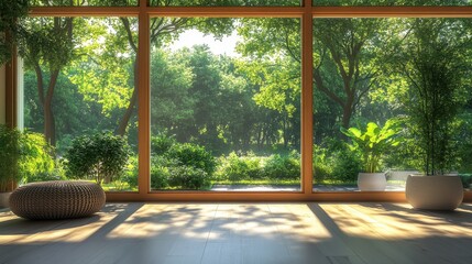 Sunlit room with large windows showing lush green forest. Perfect for illustrating tranquility, nature, or home design concepts.