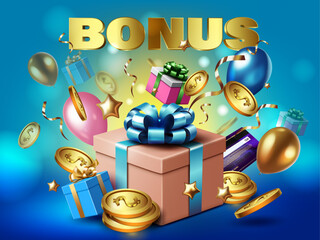 bonus,big promotion and special business offer concept sale banner vector illustration. gift boxes, gold coins and celebration balloons flying glittering blue background.