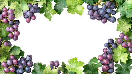 Frame of fresh grapes and leaves on transparent background