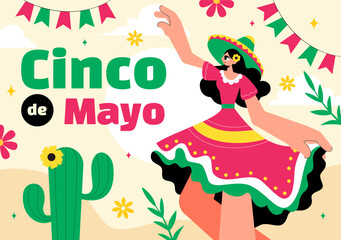 Cinco de Mayo Mexican Holiday Celebration Vector Illustration Featuring Cactus, Guitar, Sombrero, and Tequila Drinks in a Flat Style Background