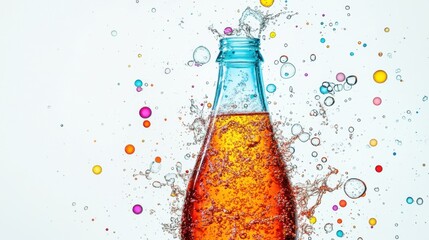 Exploding soda bottle with suspended bubbles and splashes,