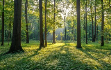 Obraz premium Sunlit Forest Scene Morning Rays Through Trees in a Lush Green Landscape