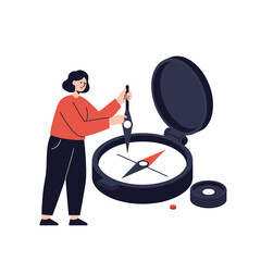 Woman using a compass to navigate in a flat vector illustration