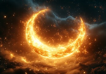 Obraz premium Fiery Crescent Moon in a Starry Night Sky