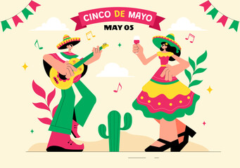 Cinco de Mayo Mexican Holiday Celebration Vector Illustration Featuring Cactus, Guitar, Sombrero, and Tequila Drinks in a Flat Style Background