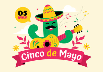 Cinco de Mayo Mexican Holiday Celebration Vector Illustration Featuring Cactus, Guitar, Sombrero, and Tequila Drinks in a Flat Style Background