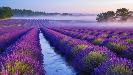 Obraz premium Lavender fields in the morning mist
