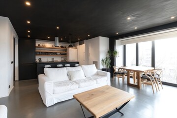 Fototapeta premium Modern open-plan apartment interior with black ceiling, white sofa, and wooden dining table.