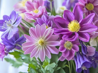 Fototapeta premium Colorful bouquet of delicate flowers featuring pink, purple, and white blooms with lush green foliage against a bright background
