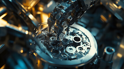 Close-up of an antique clock mechanism with vintage metal and glass details, featuring elements of old engine and retro design