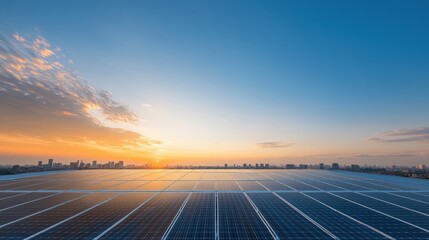 Solar Panel Array at Sunset Over Cityscape with Vibrant Sky Colors