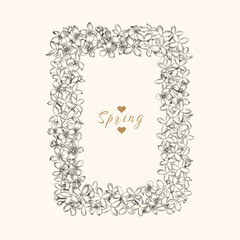 Vertical frame with lilac flowers with space for text. Vector botanical illustration. Black and white.