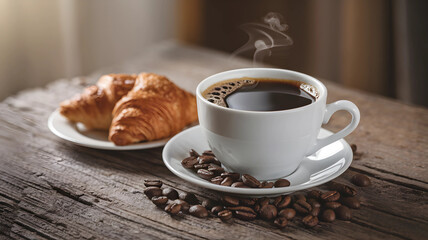 Delicious Hot Coffee and Croissants on a Rustic Wooden Table