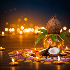 Festive Happy Ugadi background with decorated Kalash, mango leaves, coconut, and traditional rangoli, with glowing golden hues and soft bokeh lights symbolizing prosperity