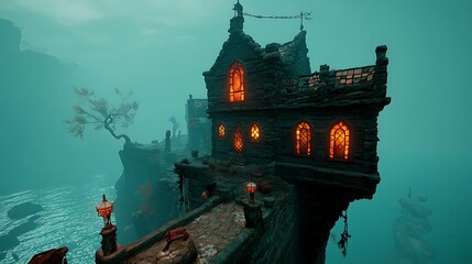 Spooky castle stands on cliffside, illuminated, against misty ocean backdrop for games