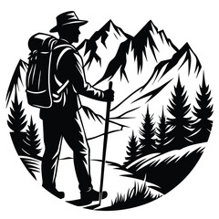 A man climbing mountain and hiking flat silhouette design