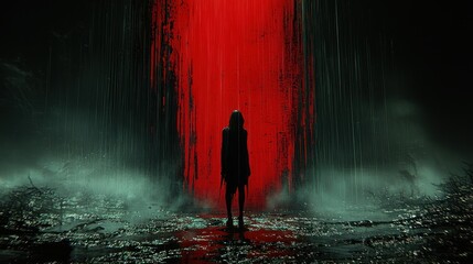 Fototapeta premium Silhouette in Crimson Rain: A Digital Painting of Solitude and Mystery