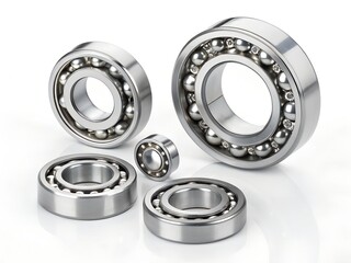 A set of four metallic ball bearings in different sizes, arranged in an artistic composition on a white background.